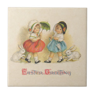 Carreau Pâques vintage Enfants Lapins Bonnets Antique
