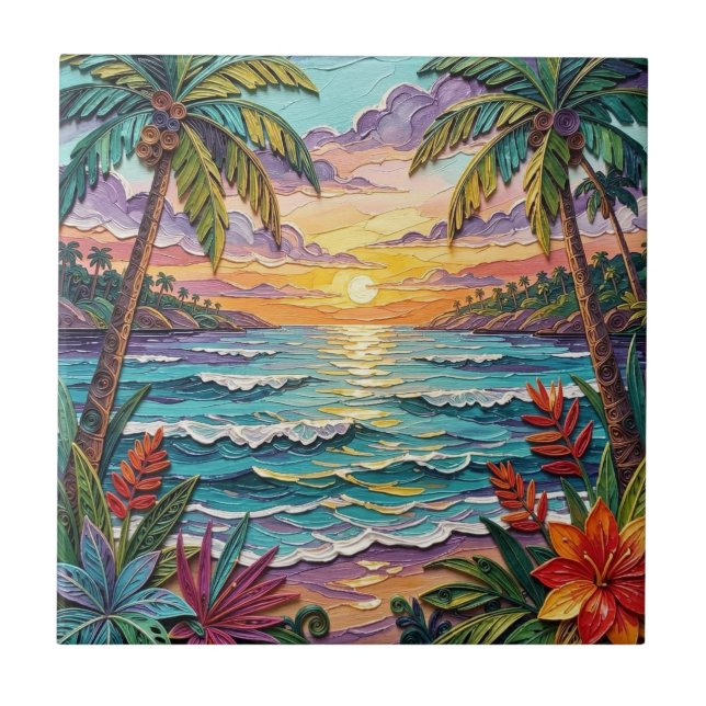 Carreau Paradis tropical | Scène de plage côtière Impasto (Devant)