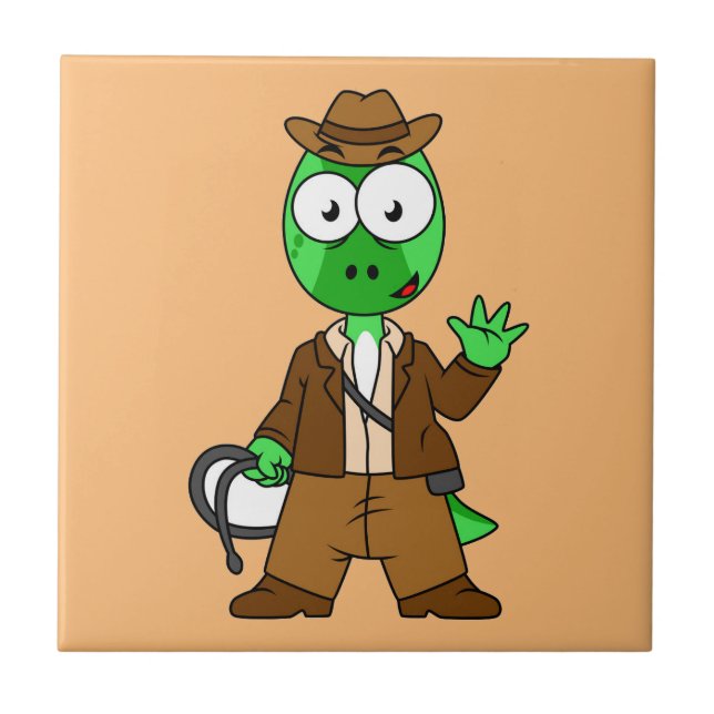 Carreau Parasaurolophus Habillé Comme Indiana Jones. (Devant)