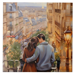 Carreau Paris Amour: Couple Romantique Vue sur la Ville Fr