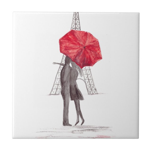 Carreau Paris amoureux couple avec parapluie rouge (Devant)