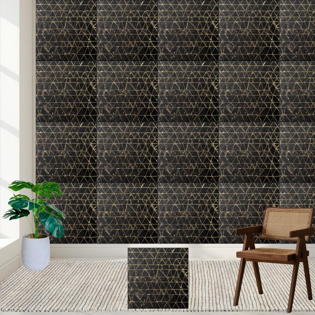 Carreau Parties scintillant d'or noir géométrique Unique M (Geometric Black Gold Glitter Unique Modern Luxury Ceramic Tile)