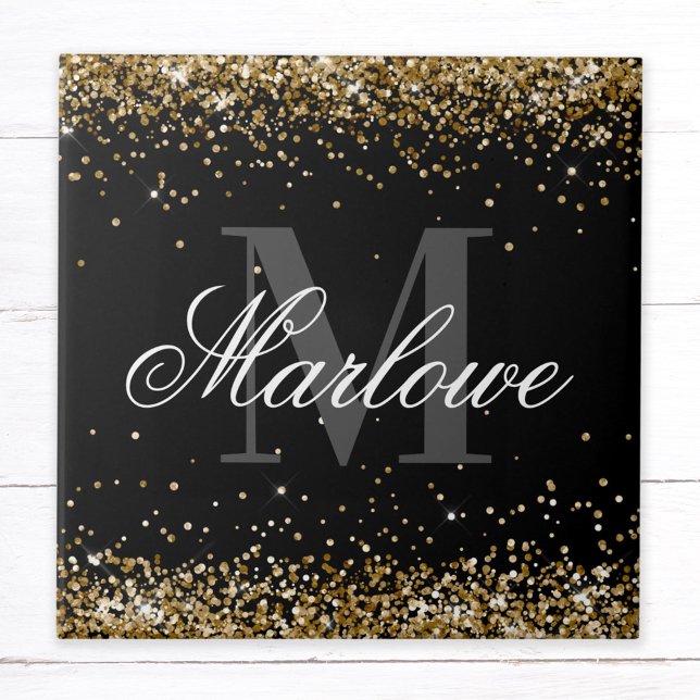 Carreau Parties scintillant or élégant Noir Blanc Monogram (Créateur téléchargé)