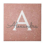 Carreau Parties scintillant rose Rose or et Monogramme éti<br><div class="desc">Parties scintillant rose Rose Gold Faux et carreaux en céramique étincelants. Ces carreaux peuvent être customisés pour inclure votre nom initial et prénom et faire un cadeau d'or rose pour un anniversaire,  Baby shower de fille,  Fête des mariées,  Bachelorette Party ou Mariage.</div>