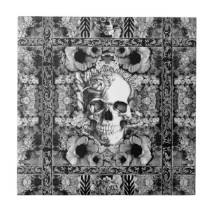 Carreau Pas ici, crâne et motif fleuris de pavots