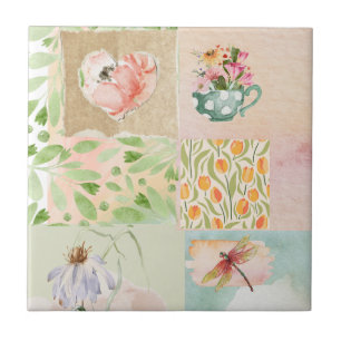 Carreau Pastel aquarelle florale et naturelle Collage art