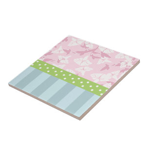 Carreau Pastel Bleu rayé rose Floral Vert Pois