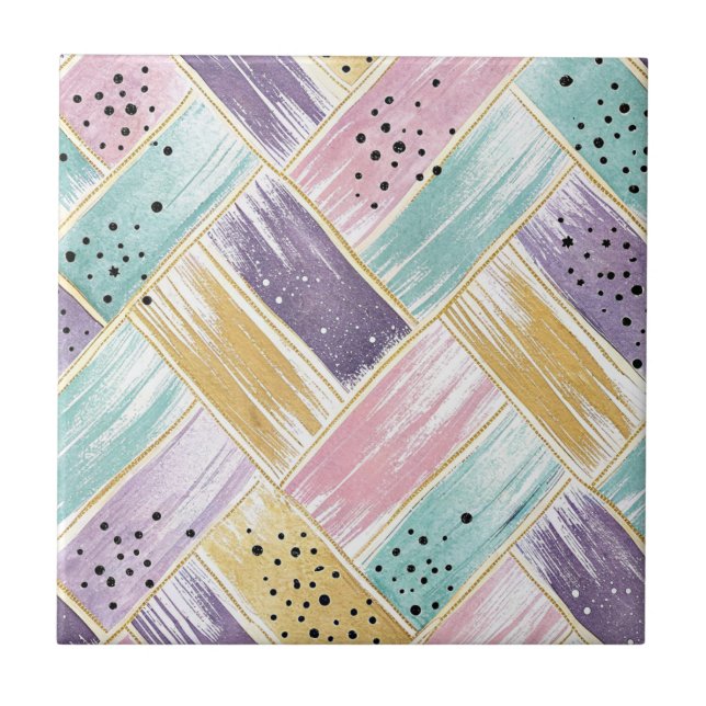 Carreau Pastel Brushstroke & Gold Crisscross Abstrait (Devant)