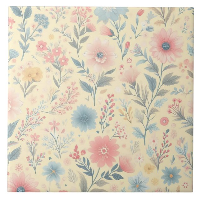 Carreau Pastel Floral rose & bleu sur jaune clair (Devant)