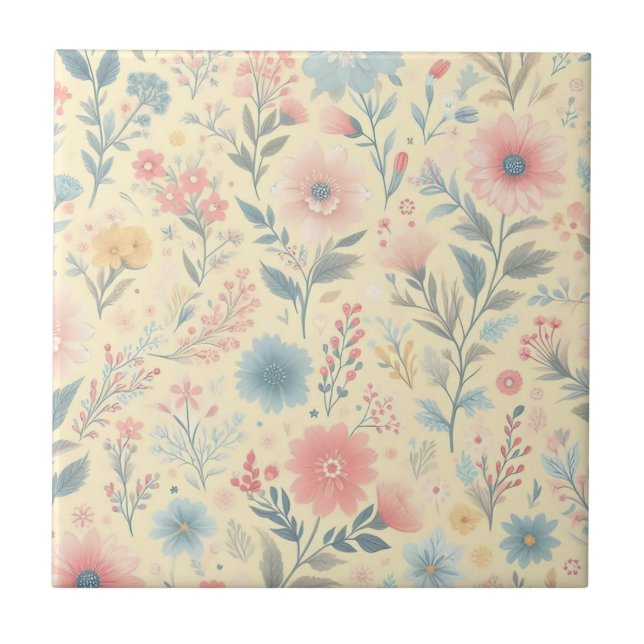 Carreau Pastel Floral rose & bleu sur jaune clair (Devant)
