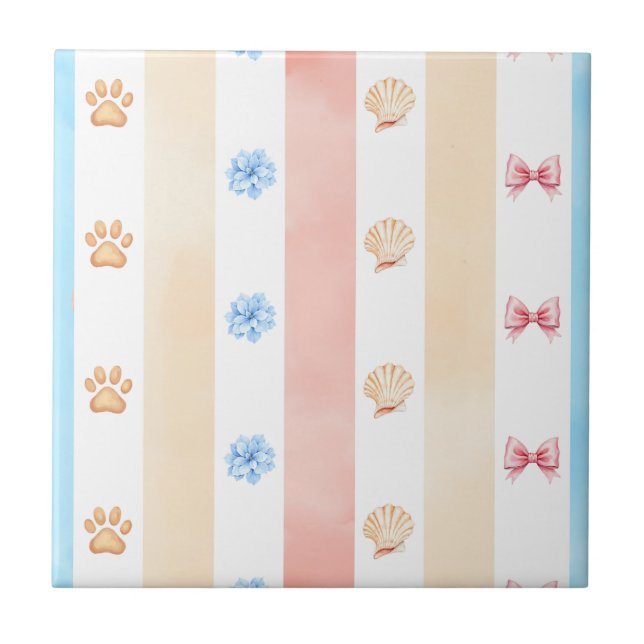 Carreau Pastel Stripe - Empreintes de pattes, Fleur Bleue, (Devant)
