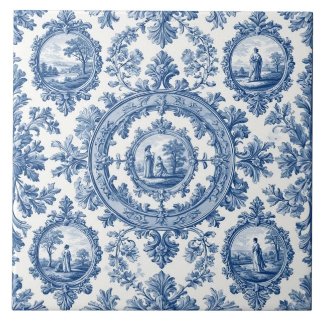 Carreau Pastoral Countryside Rural Folks French Toile Blue (Devant)