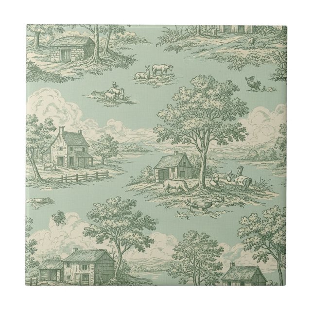 Carreau Pastoral Sage Green Toile Countryside Farm Scene 1 (Devant)