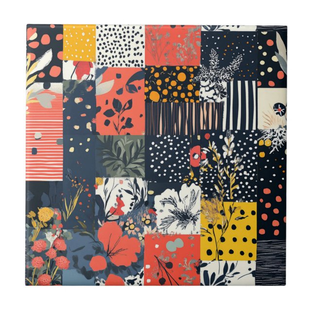 Carreau Patchwork botanique éclectique audacieux avec pois (Devant)