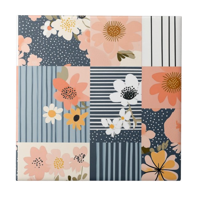 Carreau Patchwork Floral Rétro en Rose et Bleu (Devant)
