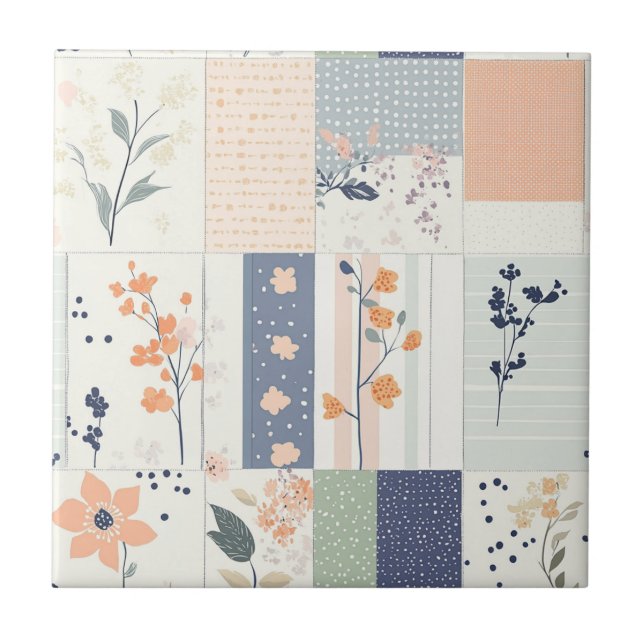 Carreau Patchwork floral scandinave en rose et bleu (Devant)