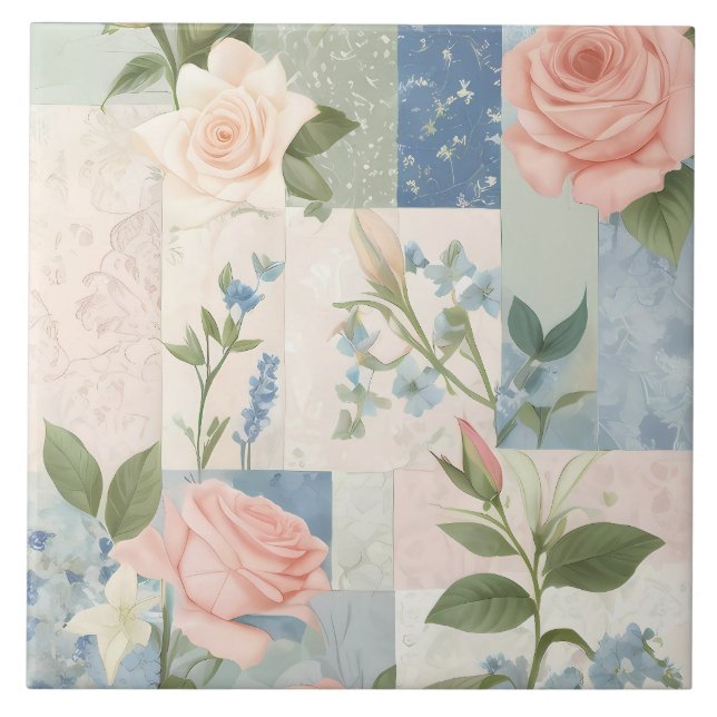 Carreau Patchwork Rose Et Bleu Fleur Doux Et Délicat (Devant)