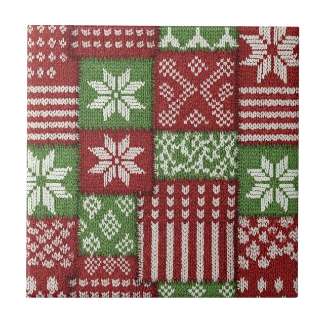 Carreau Patchwork tricoté classique de Noël - Rouge, Vert (Devant)
