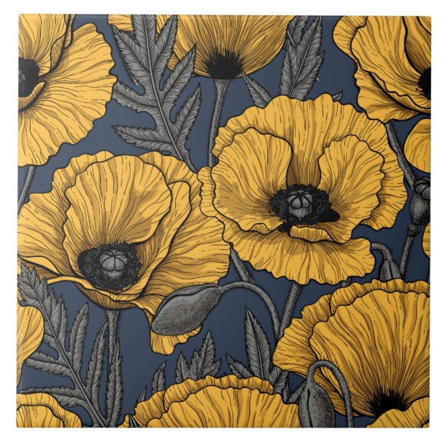 Carreau Pavot jaune sur la marine (Devant)