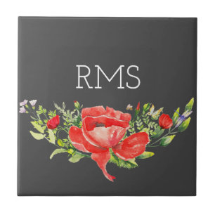 Carreau Pavot rouge sur gris Monogramme personnalisable