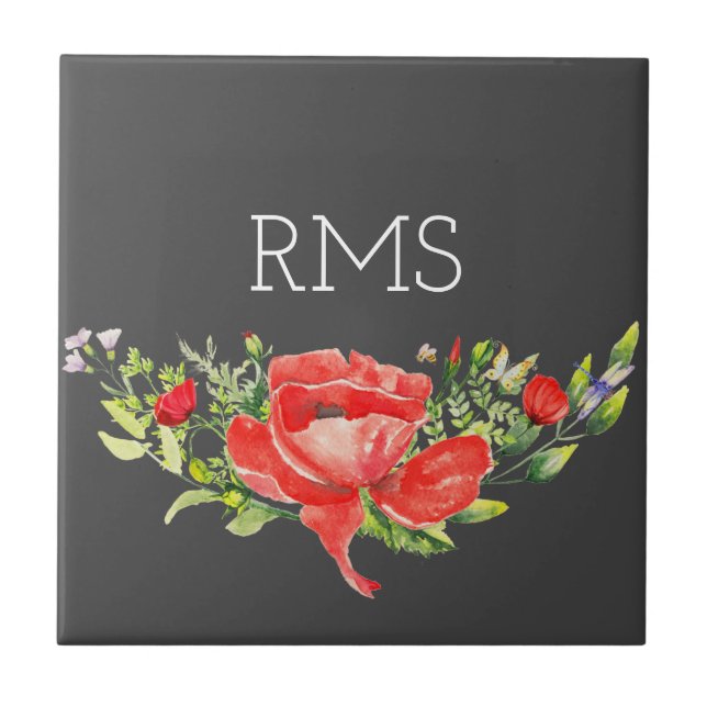 Carreau Pavot rouge sur gris Monogramme personnalisable (Devant)