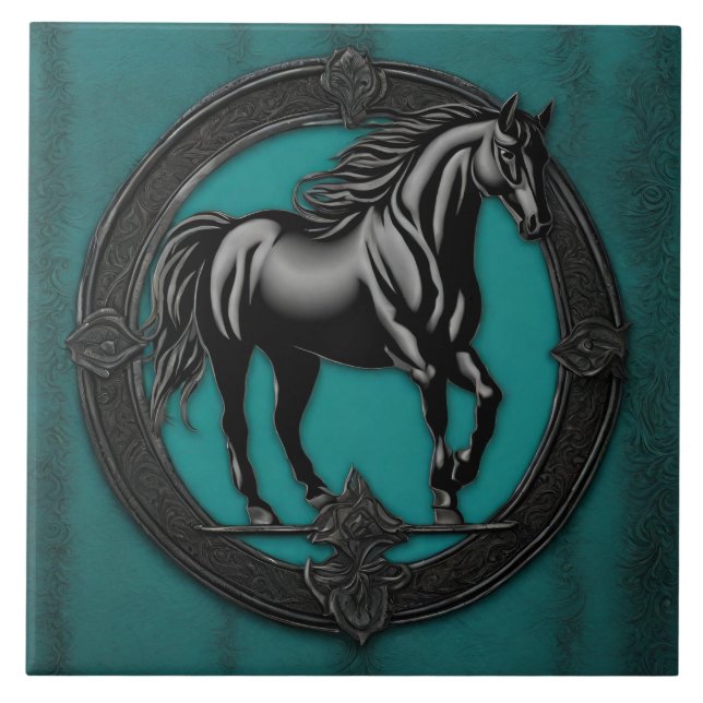 Carreau Pays de l'Ouest équestre Turquoise Cheval noir (Devant)