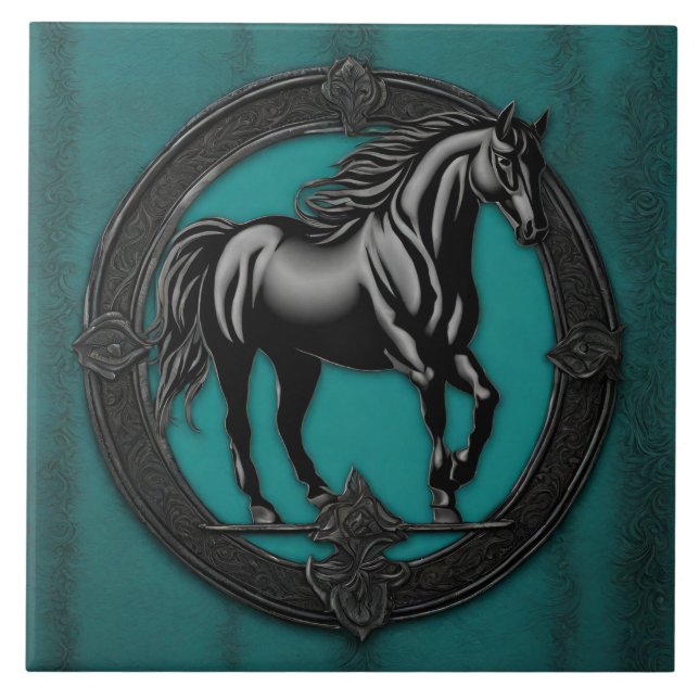 Carreau Pays de l'Ouest équestre Turquoise Cheval noir (Devant)
