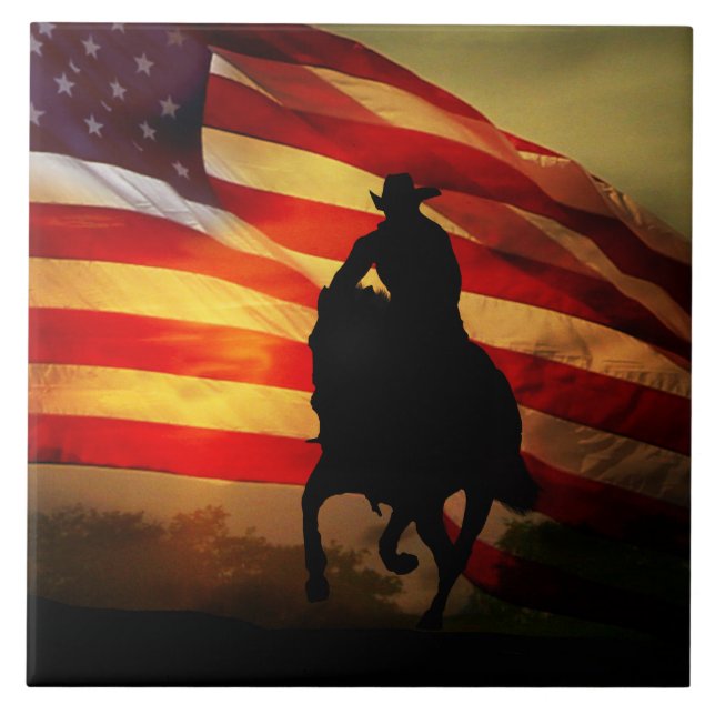 Carreau Pays Western Cowboy et cheval avec drapeau (Devant)