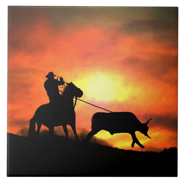 Carreau Pays Western Roping Cowboy Art Tile (Devant)