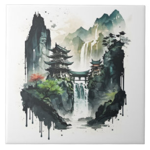 Carreau Paysage antique de l'encre chinoise avec cascade