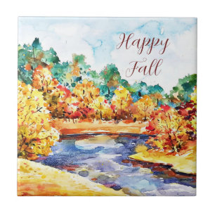 Carreau Paysage aquarelle d'automne avec texte personnalis