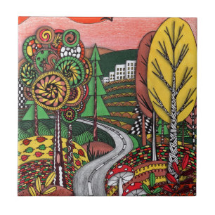 Carreau Paysage Automnal Fantaisiste Art Populaire Doodlin