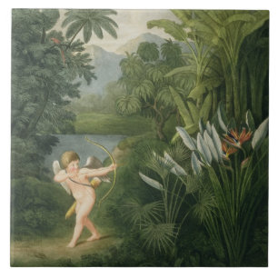 Carreau Paysage avec Cupid pointant une flèche vers un per
