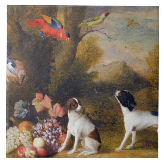 Carreau Paysage avec oiseaux exotiques et deux chiens (Devant)