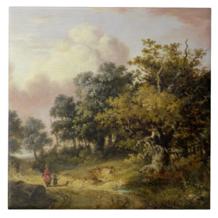 Carreau Paysage boisé avec la femme et l'enfant marchant