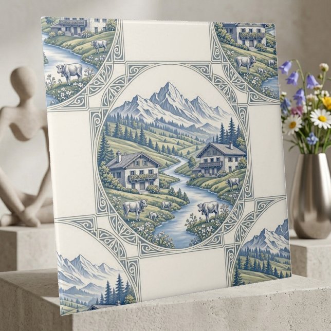 Carreau Paysage de chalet rustique aux prairies enneigées  (Snow Alpine Rolling Meadows Rustic Chalet Scenic Ceramic Tile)