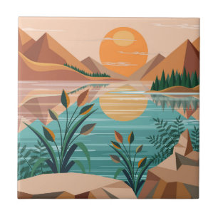 Carreau Paysage de coucher de soleil au lac de montagne pa