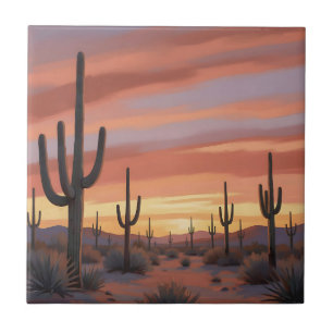 Carreau Paysage de coucher de soleil désert avec cactus sa