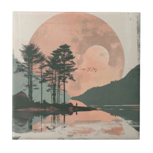 Carreau Paysage de lac de montagne de la sauge sous la lun