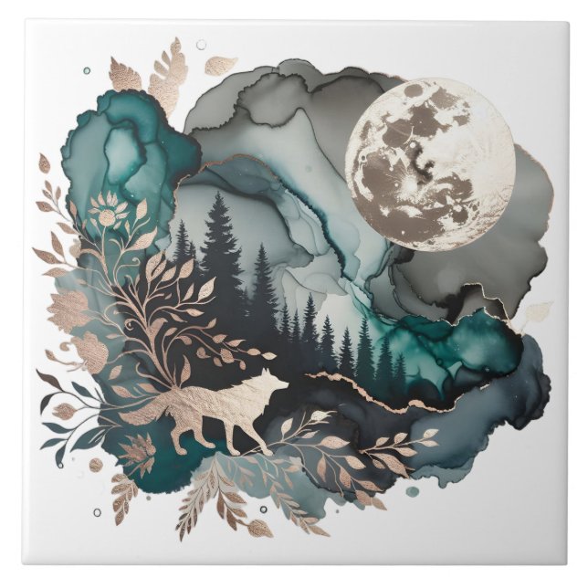 Carreau Paysage de loup et lune or Turquoise (Devant)