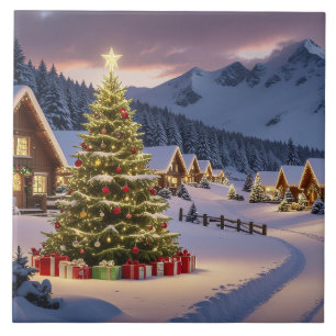 Carreau Paysage de lumières de Noël avec neige