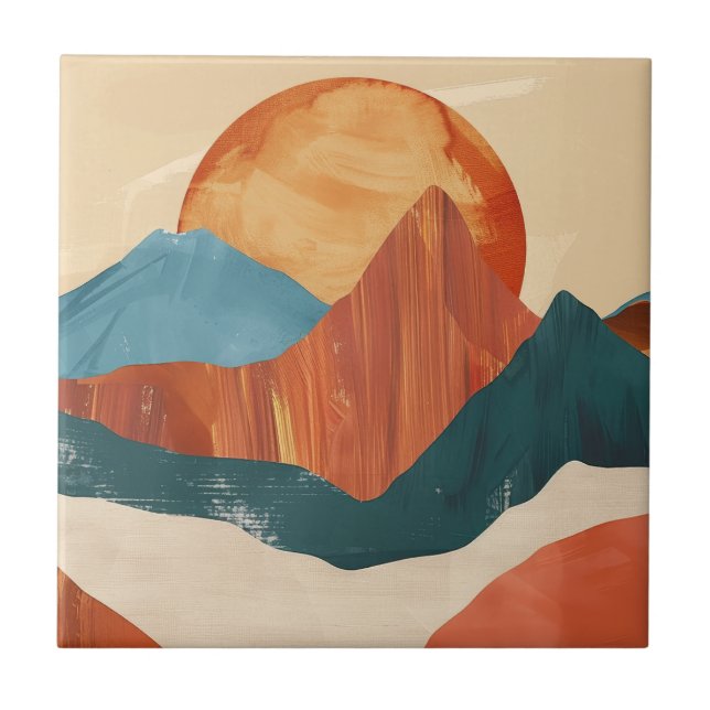 Carreau Paysage de montagne Abstrait Boho avec soleil (Devant)