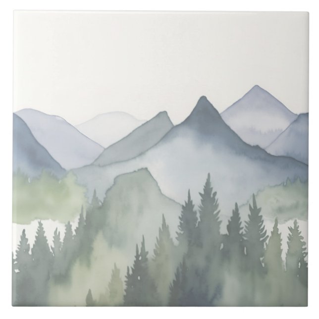 Carreau Paysage de montagne aquarelle Pins verts (Devant)