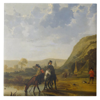 Carreau Paysage de rivière avec des cavaliers, Aelbert
