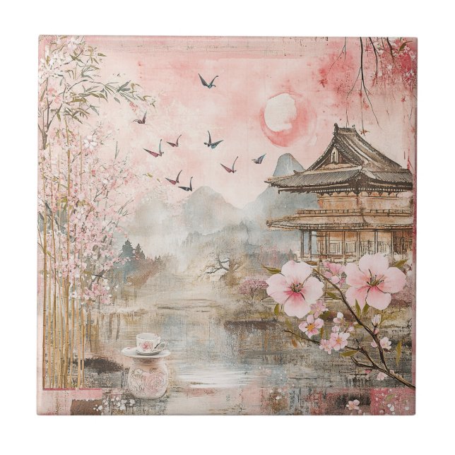 Carreau Paysage de sérénité aux fleurs de cerisier rose (4 (Devant)