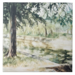 Carreau Paysage d'été peint à la main rivière des arbres v