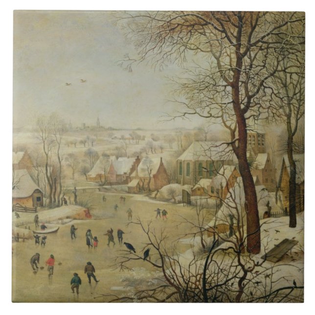 Carreau Paysage d'hiver avec le piège d'oiseau (huile sur (Devant)