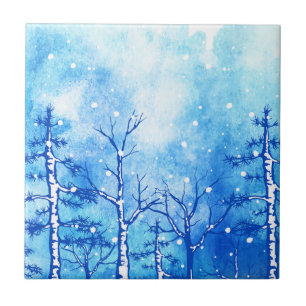Carreau Paysage d'hiver de l'aquarelle bleue