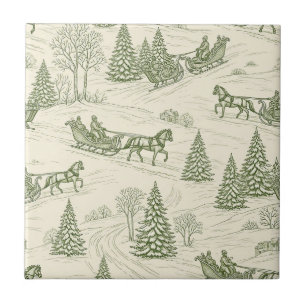 Carreau Paysage enneigé de Noël rustique en vert et crème