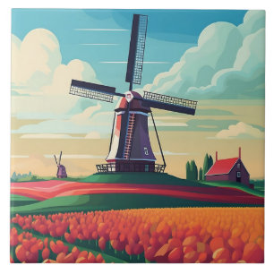 Carreau Paysage néerlandais Moulin à vent Champ de tulipes